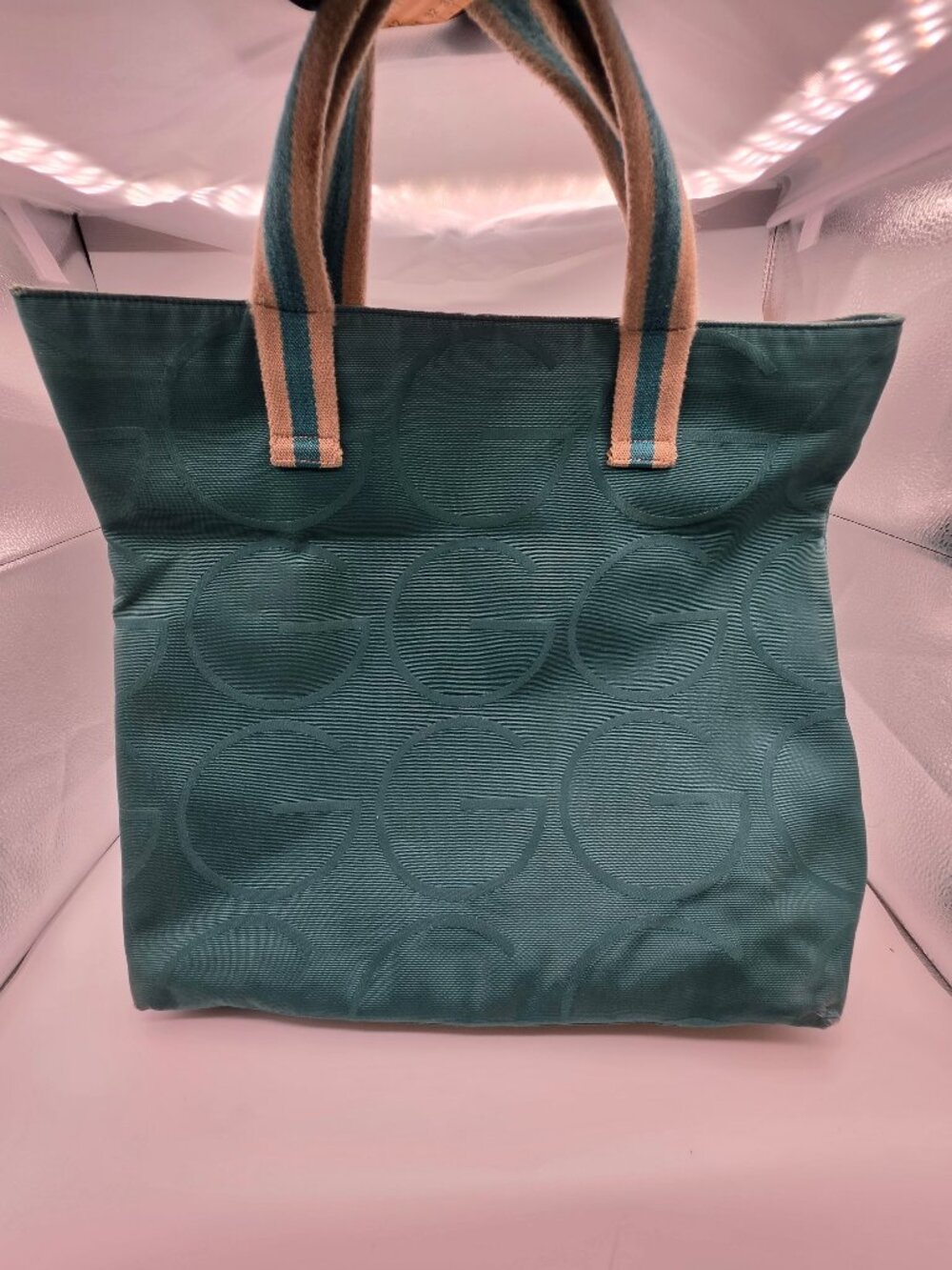 Authentic Vintage Gucci Large GG Jacquard Canvas Tote Bag — Teal/Petrol Blue